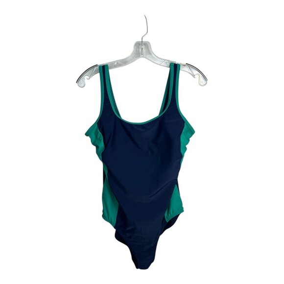 Lands' End Fully Lined Scoop Neck One-Piece Swimsuit Navy/Green Athletic M - Picture 2 of 8